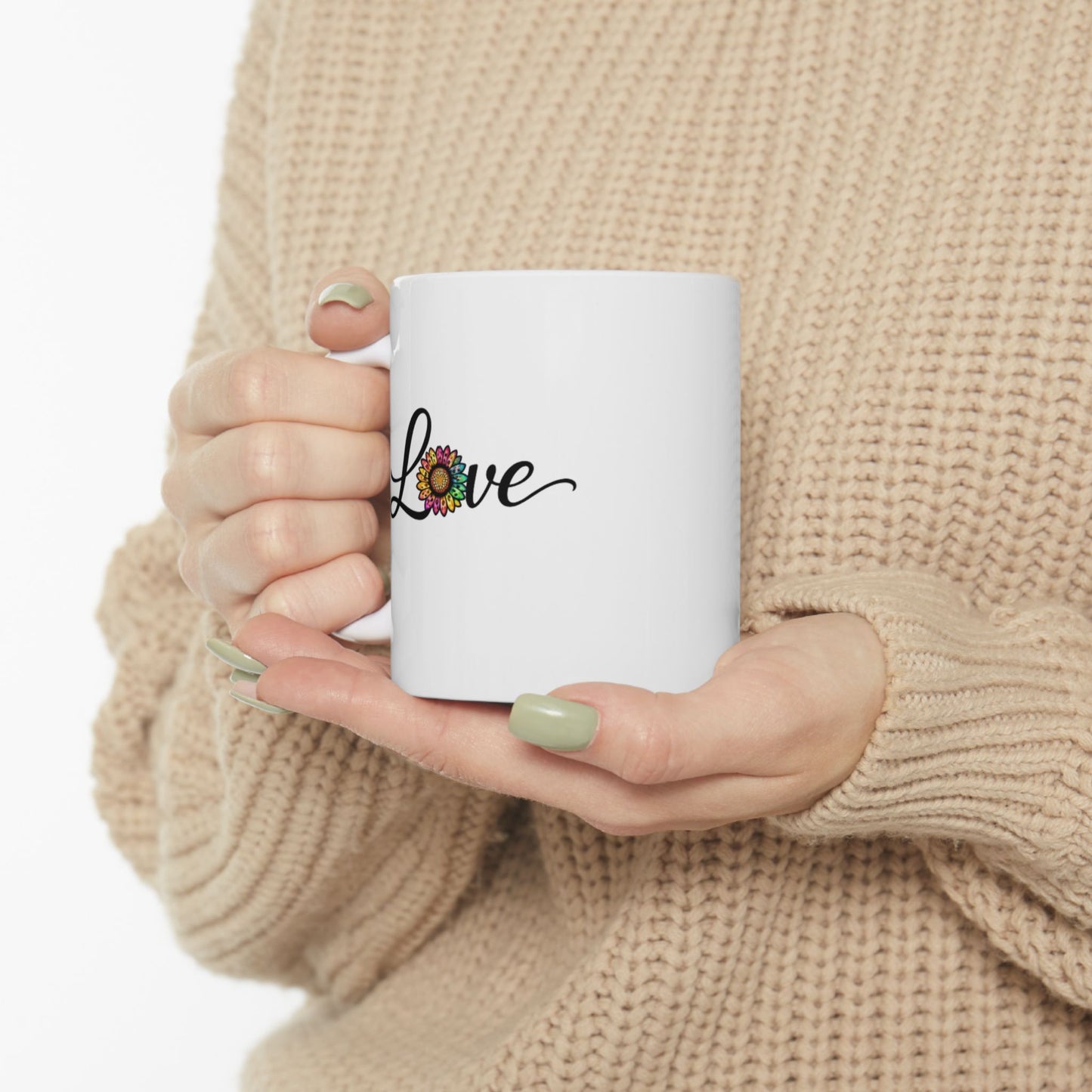 Ceramic Coffee Cup with Colorful Sunflower "Love" Script (11oz & 15oz)