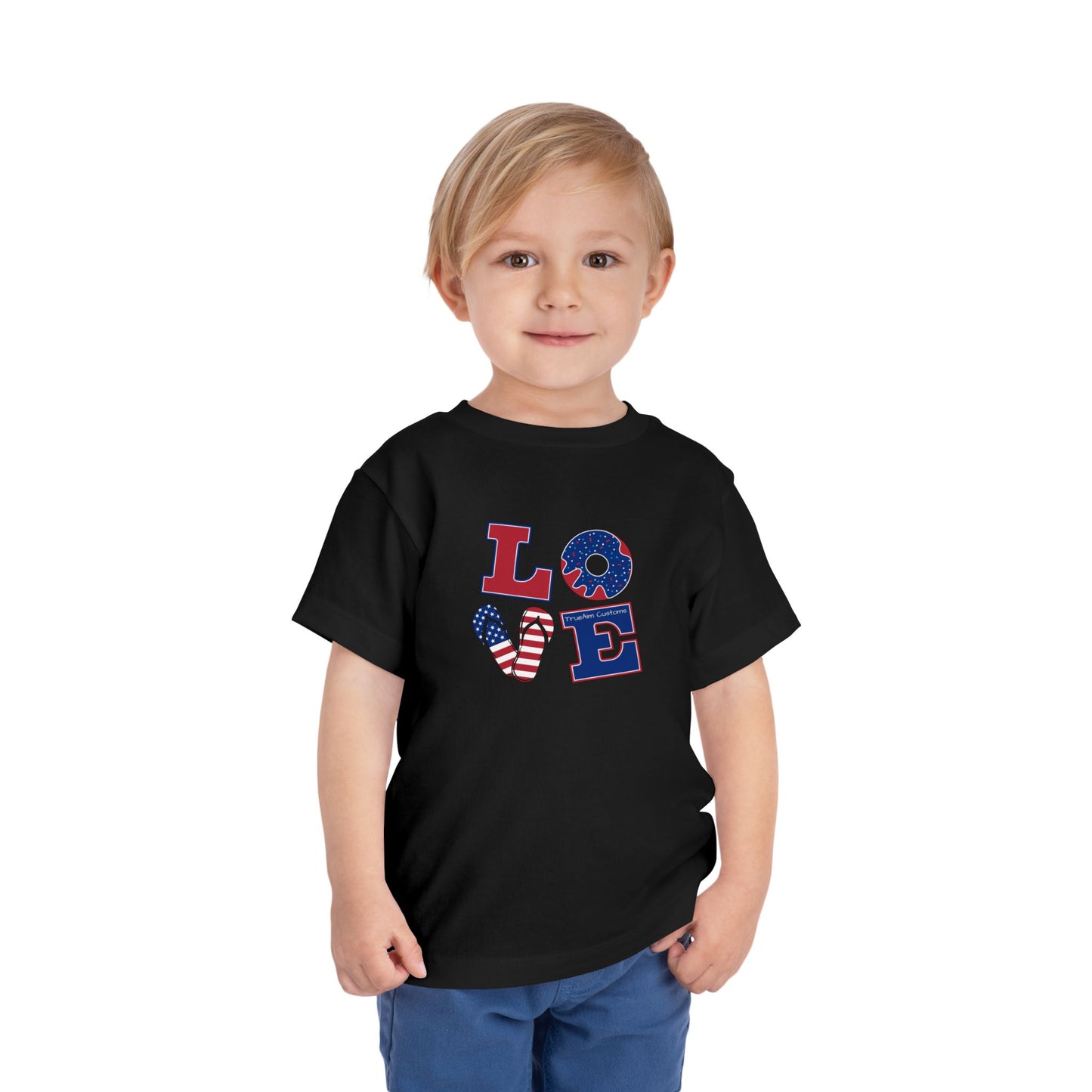 Patriotic "LOVE" Toddler Tee — American Flag 4th of July Baby Shirt