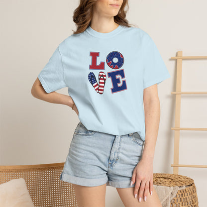 Patriotic "LOVE" Heart T-Shirt — American Flag Fourth of July Tee