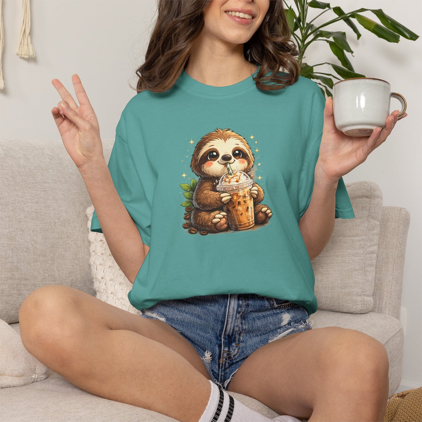 Cute Sloth Holding Coffee T-Shirt — Adorable Cozy Animal Tee