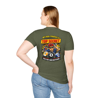 Pool Strategy T-Shirt — “My Pool Strategy Is Top Secret” Billiards Tee