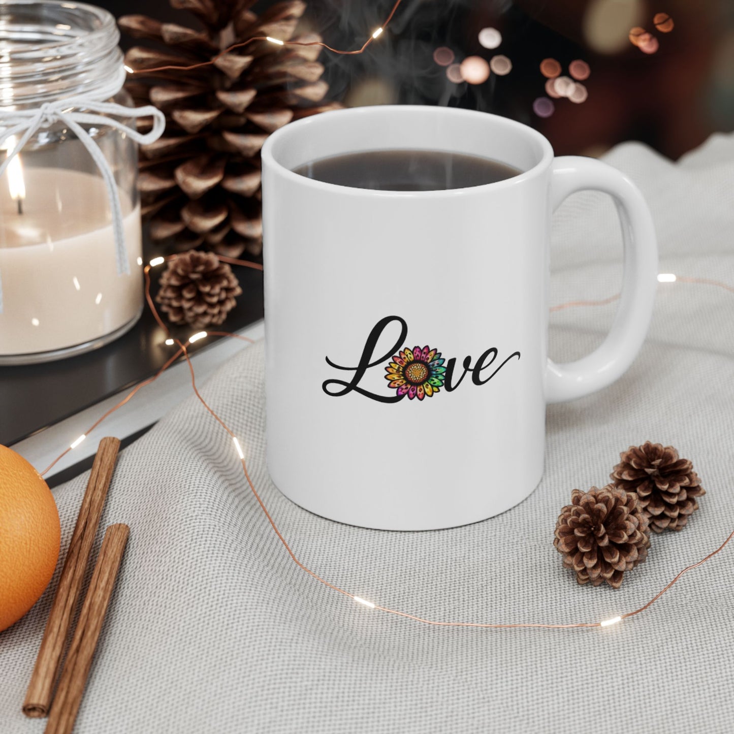 Ceramic Coffee Cup with Colorful Sunflower "Love" Script (11oz & 15oz)