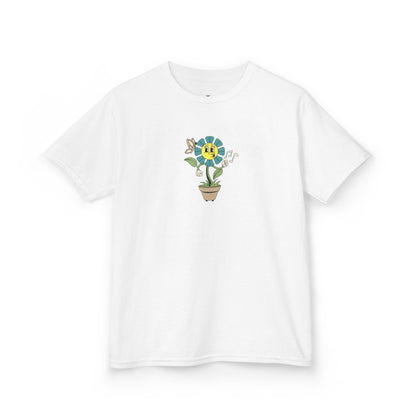 Kids teal Floral Pot T‑Shirt — Smiling Sunflower Plant Graphic