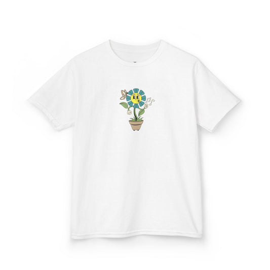 Kids teal Floral Pot T‑Shirt — Smiling Sunflower Plant Graphic