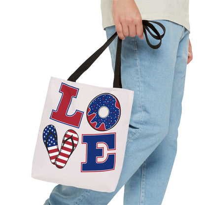 Patriotic 'LOVE' Tote Bag — American Flag Flip-Flop & Donut Beach Bag for 4th of July