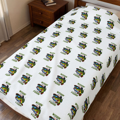 Wishin i was Fishin Velveteen Plush Blanket — Retro Camper Pattern Cozy Throw personalize for back to school