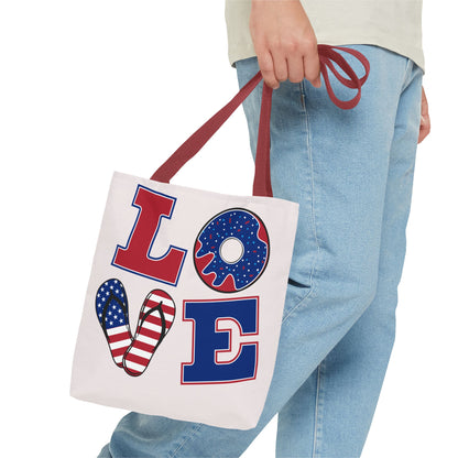 Patriotic 'LOVE' Tote Bag — American Flag Flip-Flop & Donut Beach Bag for 4th of July