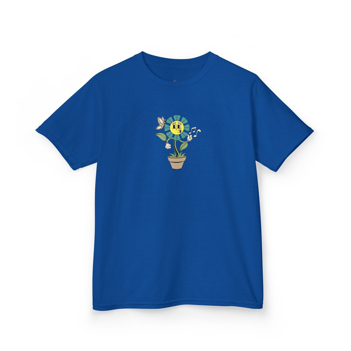 Kids teal Floral Pot T‑Shirt — Smiling Sunflower Plant Graphic