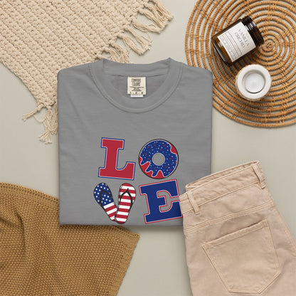 Patriotic "LOVE" Heart T-Shirt — American Flag Fourth of July Tee