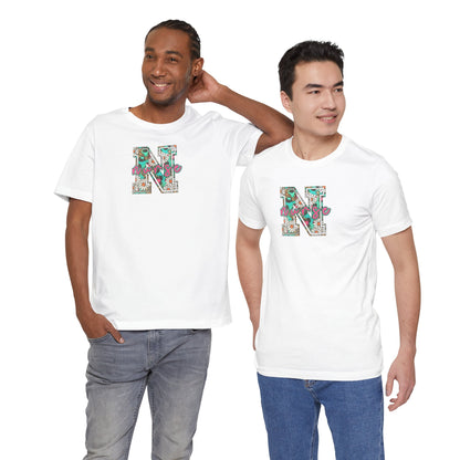 Floral Letter N, Nurse  T-Shirt — Tropical Botanical Monogram Tee