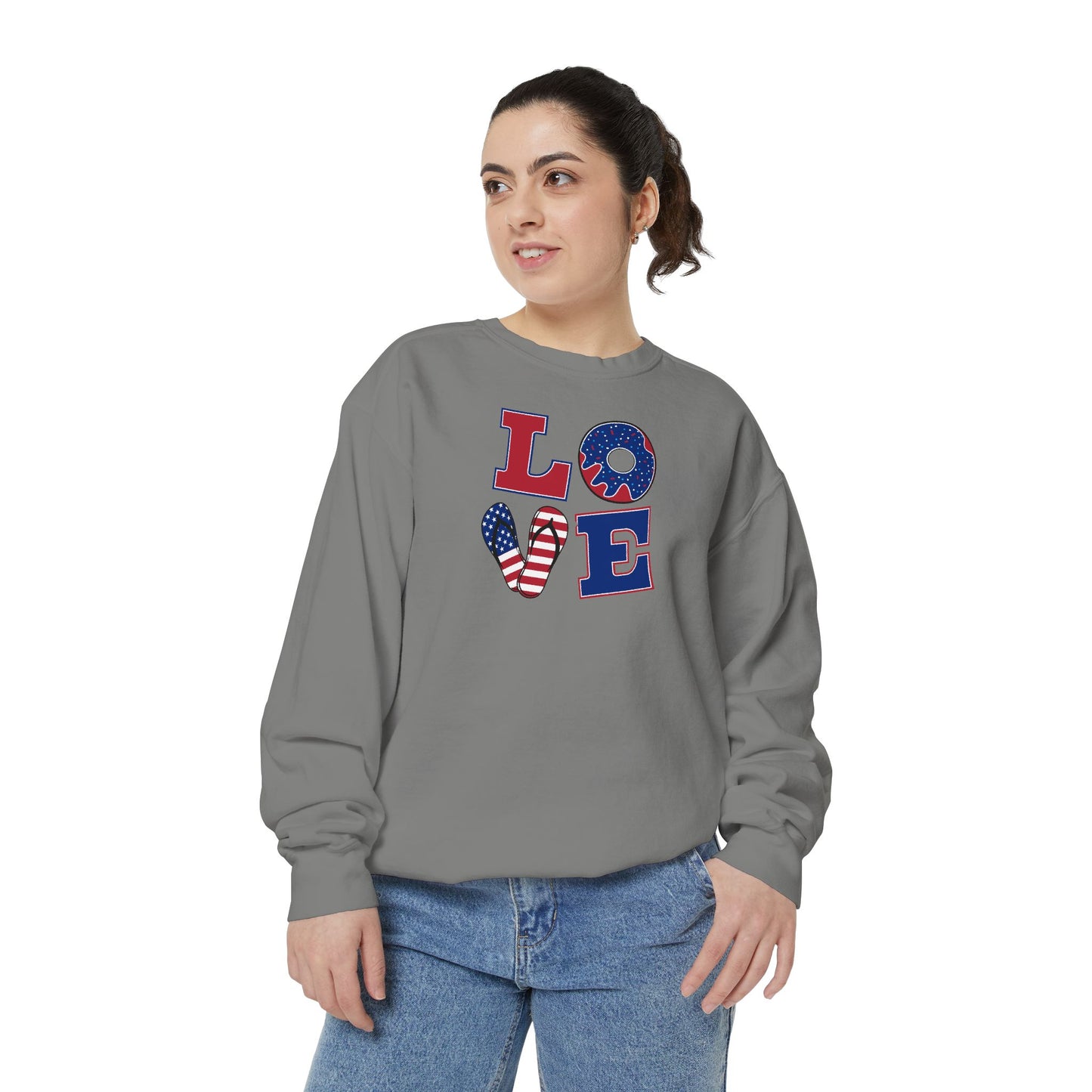 Patriotic "LOVE" Sweatshirt - American Flag Heart Fourth of July Crewneck