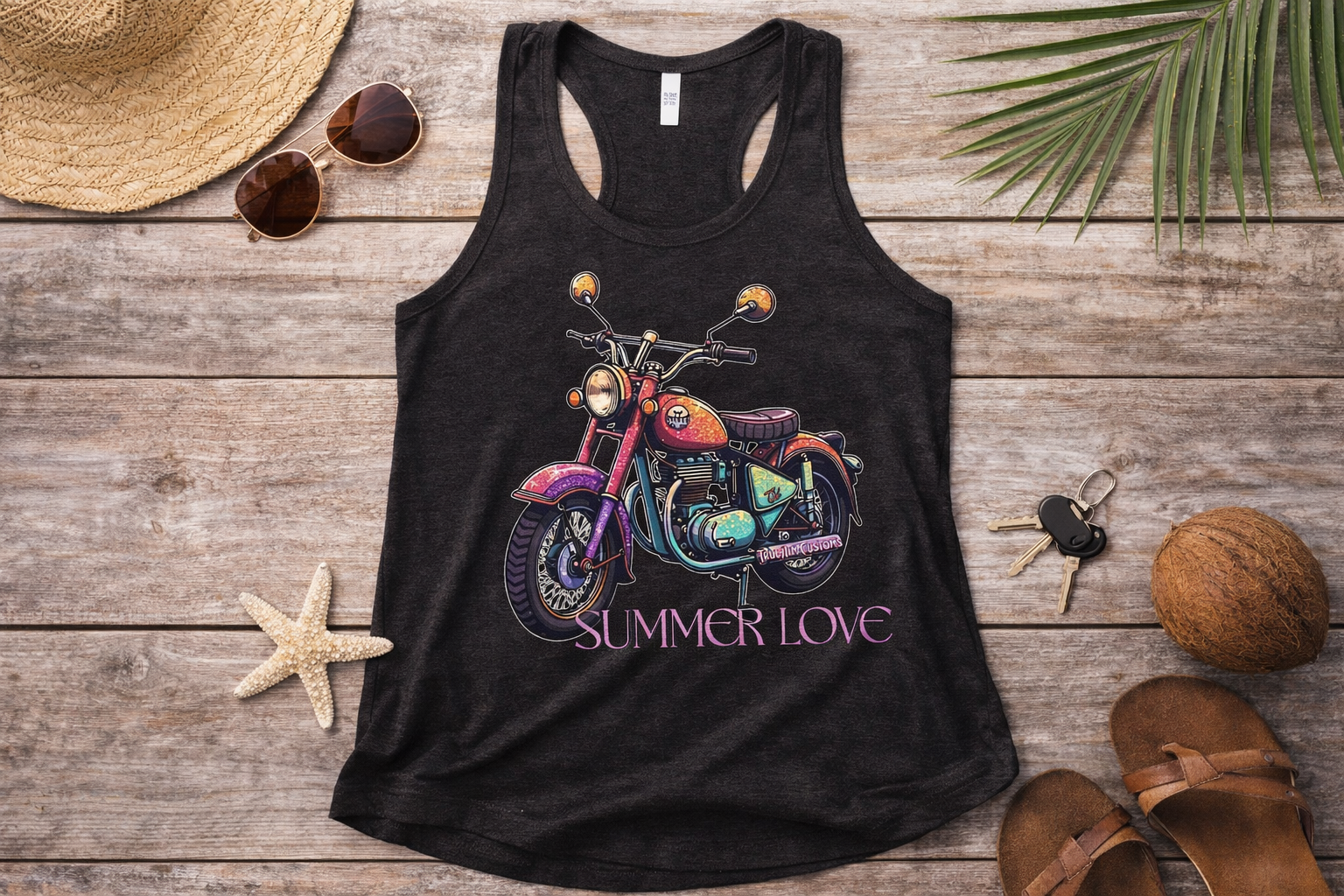 summer_love_flat_tank.png → "Summer Love Motorcycle Racerback Tank flat lay product shot"